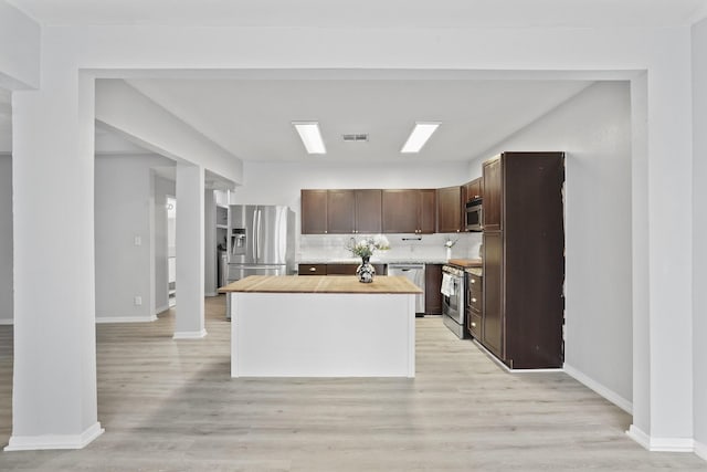 kitchen featuring a center island, light hardwood / wood-style flooring, appliances with stainless steel finishes, dark brown cabinetry, and wooden counters