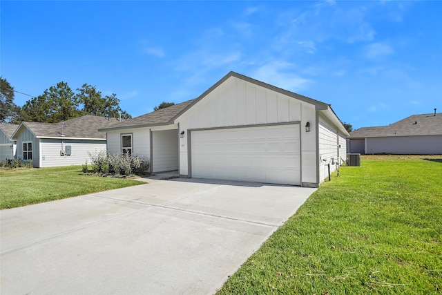 single story home with a front yard, a garage, and central AC unit