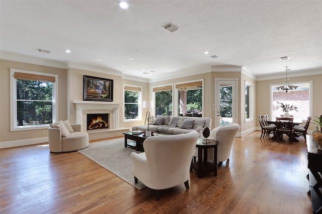 living room featuring crown molding, wood-type flooring, and a wealth of natural light