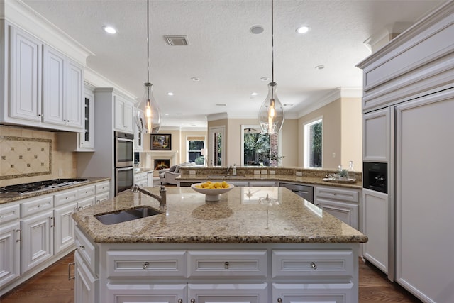 kitchen with appliances with stainless steel finishes, sink, an island with sink, and hanging light fixtures