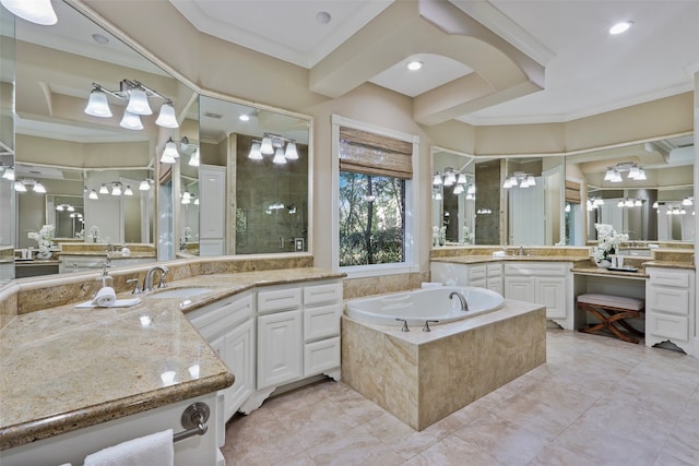 bathroom featuring vanity, plus walk in shower, and ornamental molding