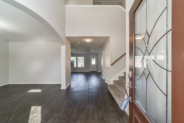 foyer entrance featuring dark hardwood / wood-style flooring and a high ceiling