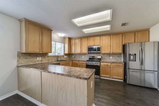 kitchen featuring decorative backsplash, dark wood-type flooring, kitchen peninsula, stainless steel appliances, and sink