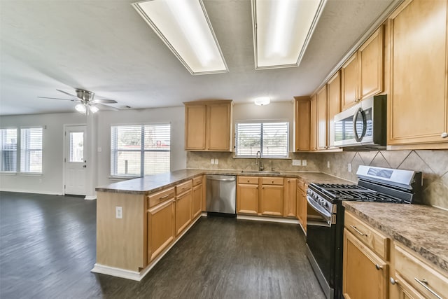 kitchen with a healthy amount of sunlight, kitchen peninsula, dark hardwood / wood-style floors, and stainless steel appliances