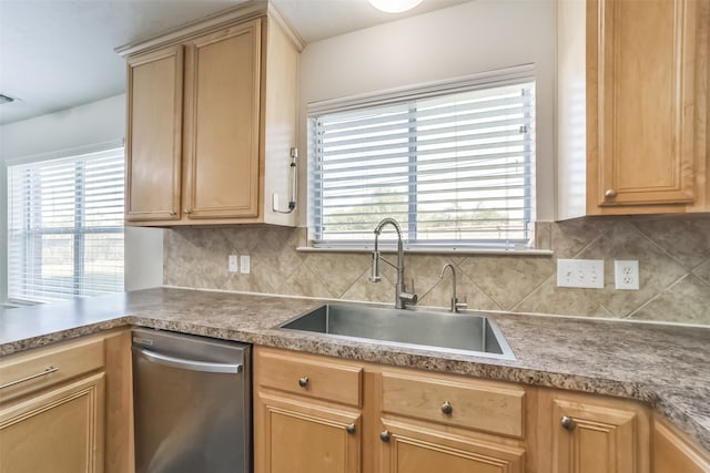 kitchen with backsplash, dishwasher, and sink