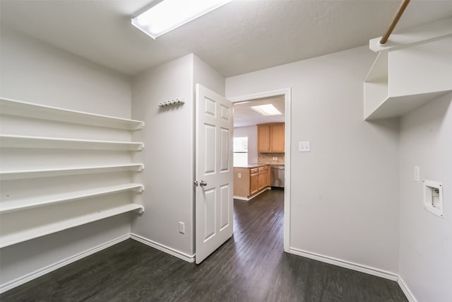 interior space featuring washer hookup and dark hardwood / wood-style flooring