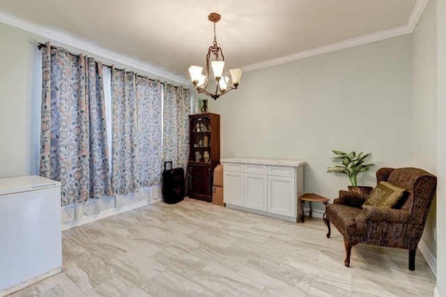 sitting room featuring a chandelier and crown molding