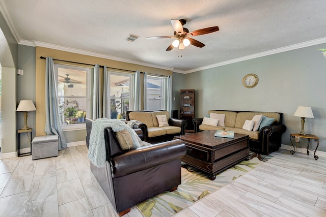 living room featuring a textured ceiling, crown molding, and ceiling fan