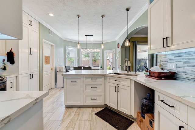 kitchen with light stone countertops, hanging light fixtures, tasteful backsplash, and sink