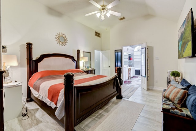 bedroom featuring ceiling fan, light hardwood / wood-style floors, and high vaulted ceiling