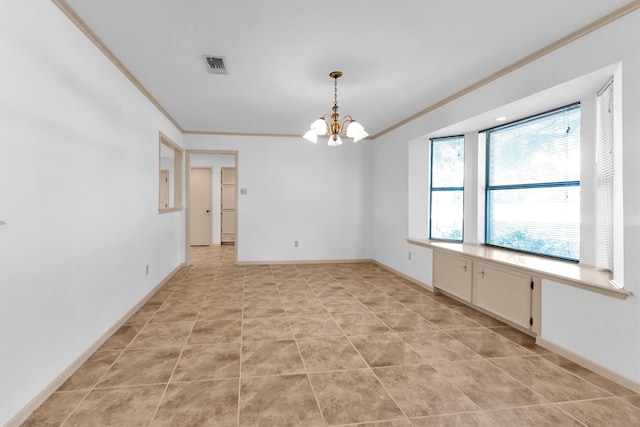 tiled empty room with ornamental molding and a chandelier