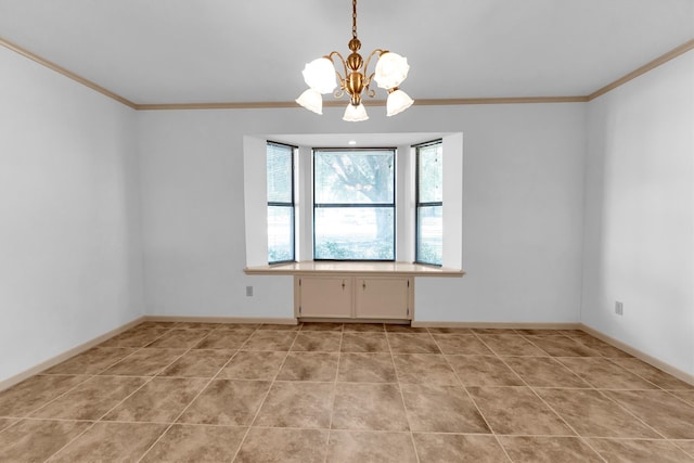 tiled empty room with crown molding and an inviting chandelier