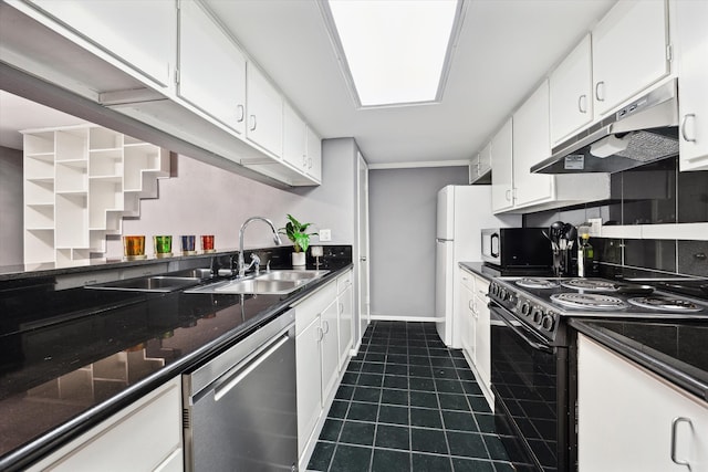 kitchen with appliances with stainless steel finishes, crown molding, white cabinetry, and sink