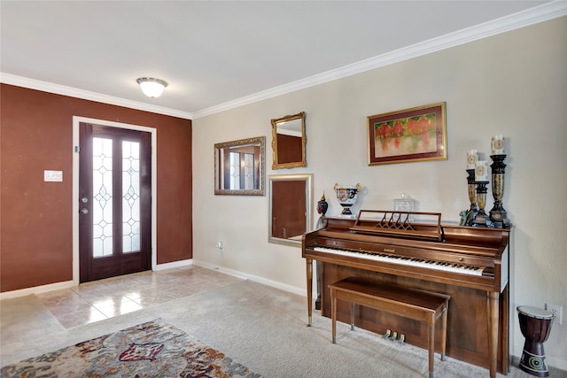 foyer entrance featuring light carpet and ornamental molding