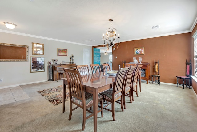 carpeted dining area featuring a notable chandelier and ornamental molding