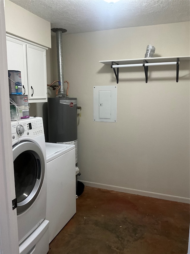 laundry area featuring separate washer and dryer, gas water heater, a textured ceiling, cabinets, and electric panel