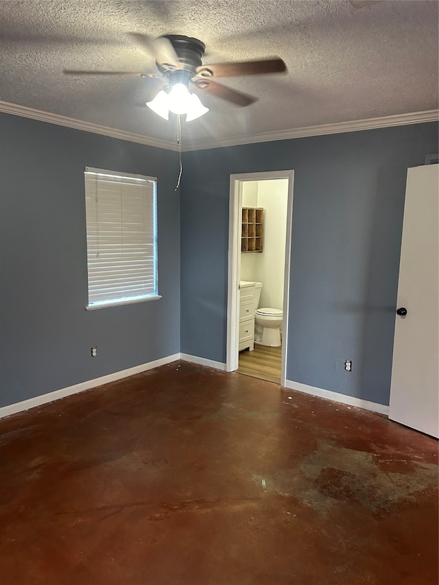 unfurnished bedroom featuring concrete flooring, ceiling fan, crown molding, and a textured ceiling