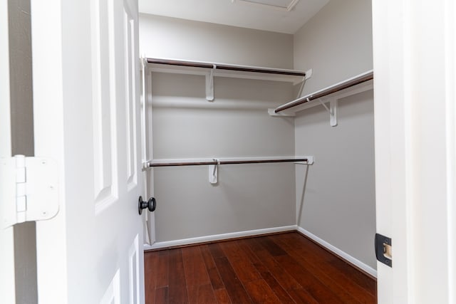 spacious closet with dark hardwood / wood-style flooring