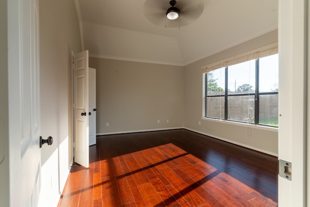 spare room featuring ceiling fan, hardwood / wood-style floors, and crown molding