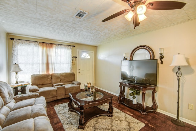 131 Laurel St, Lake Jackson, TX 77566 - living area with visible vents, baseboards, ceiling fan, and wood finished floors