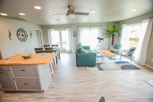 living room with a textured ceiling, light hardwood / wood-style floors, and ceiling fan