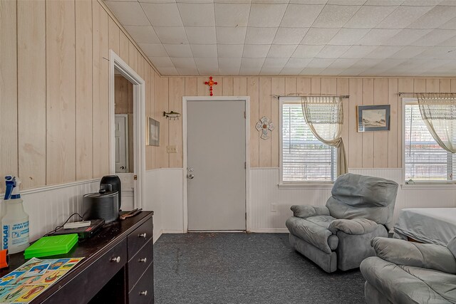 living area with dark colored carpet and wood walls