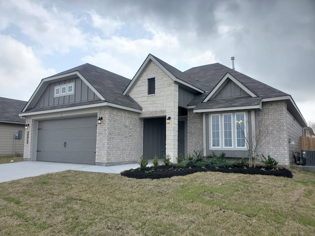 view of front of home featuring brick siding, board and batten siding, central AC, and a front lawn