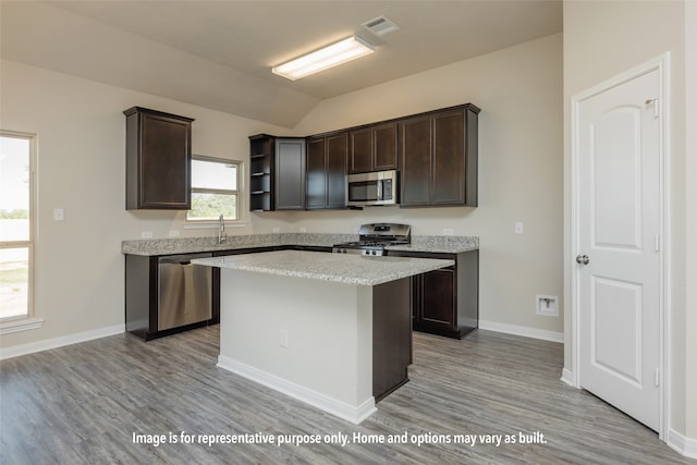 kitchen with dark brown cabinets, light hardwood / wood-style flooring, stainless steel appliances, and a wealth of natural light