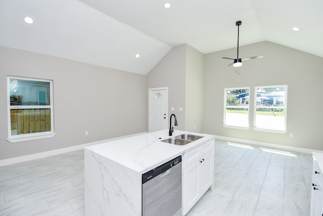 kitchen featuring white cabinets, sink, a center island with sink, dishwasher, and vaulted ceiling