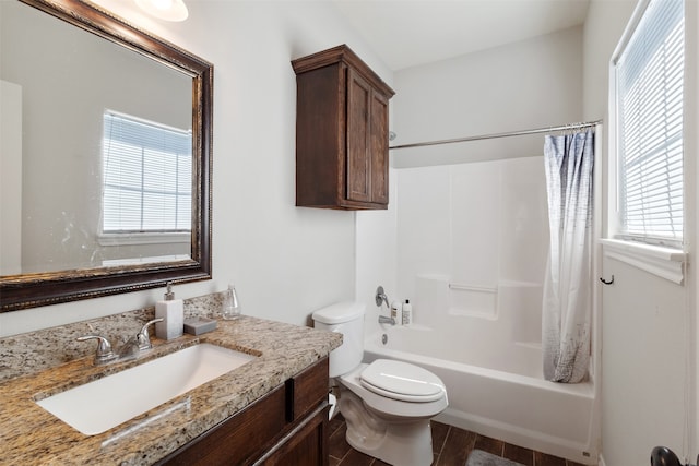 full bathroom with a healthy amount of sunlight, shower / bathtub combination with curtain, toilet, and wood-type flooring