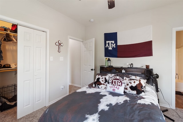 carpeted bedroom featuring a closet, ceiling fan, and connected bathroom