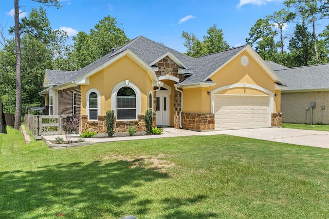 view of front of house featuring a front yard and a garage