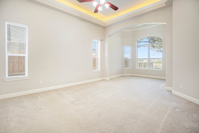 carpeted empty room with ceiling fan, a raised ceiling, and ornamental molding