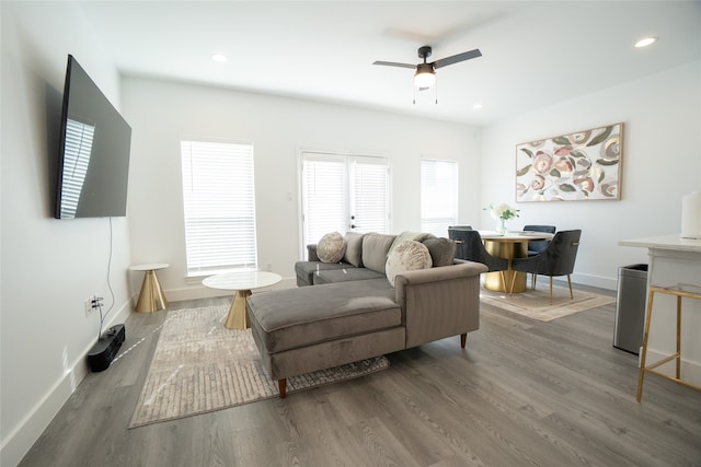 living room with ceiling fan and hardwood / wood-style floors