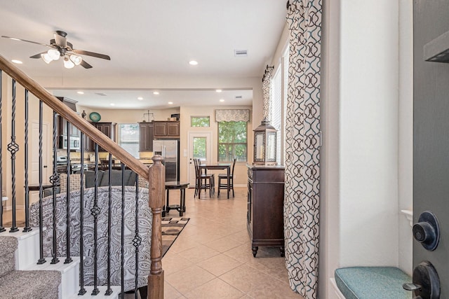 207 Cheswood Forest Pl, Montgomery, TX 77316 - interior space featuring stairway, recessed lighting, light tile patterned flooring, visible vents, and a ceiling fan