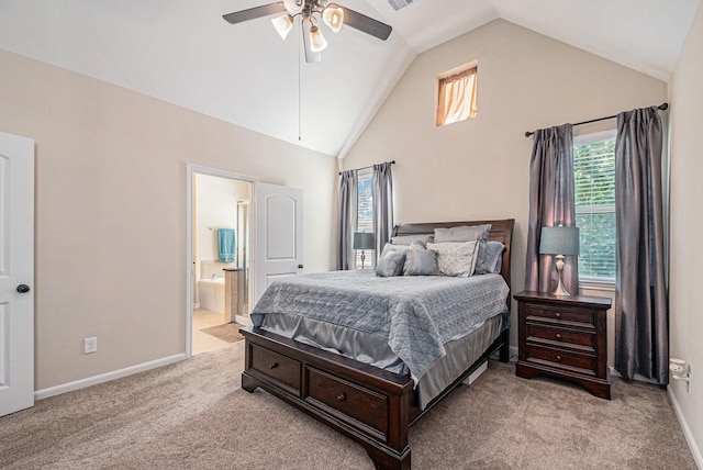 207 Cheswood Forest Pl, Montgomery, TX 77316 - bedroom featuring carpet flooring, high vaulted ceiling, baseboards, ensuite bath, and a ceiling fan