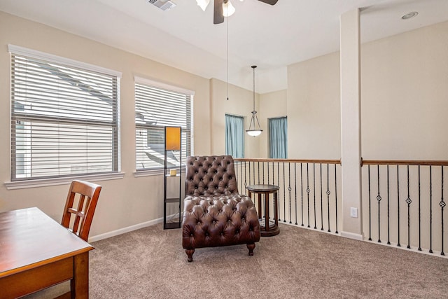 207 Cheswood Forest Pl, Montgomery, TX 77316 - living area with baseboards, carpet floors, visible vents, and a ceiling fan