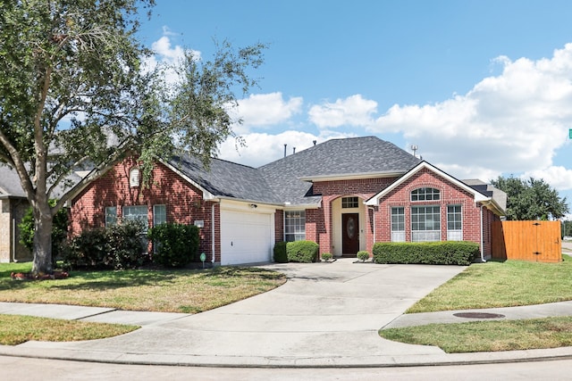 view of front of property featuring a front yard and a garage