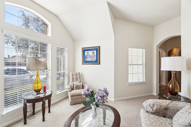 living area with vaulted ceiling and light colored carpet