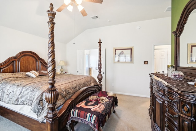 carpeted bedroom featuring lofted ceiling and ceiling fan