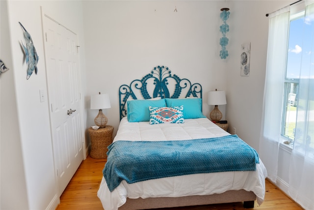 bedroom featuring a closet, wood-type flooring, and multiple windows