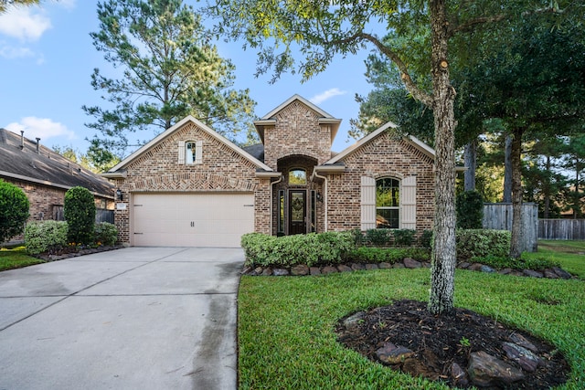 view of front of house with a garage, brick siding, fence, driveway, and a front yard