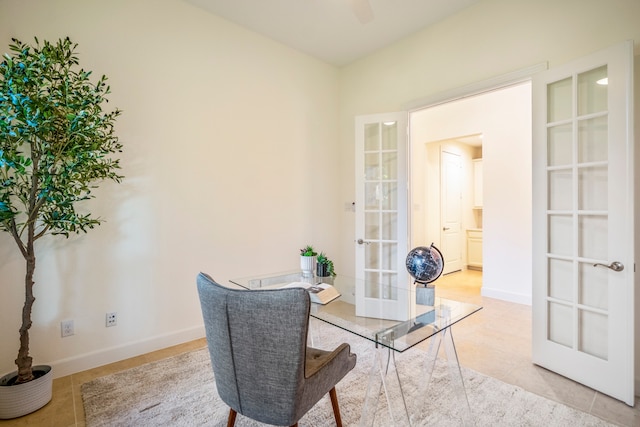 home office with light tile patterned flooring and french doors