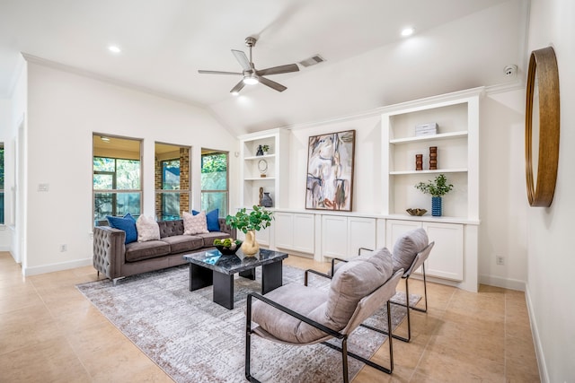 living room with ceiling fan, light tile patterned flooring, built in features, and vaulted ceiling