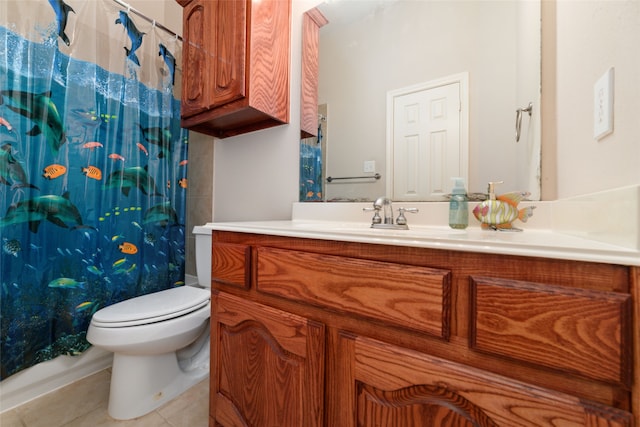 full bathroom featuring shower / bath combination with curtain, vanity, toilet, and tile patterned floors