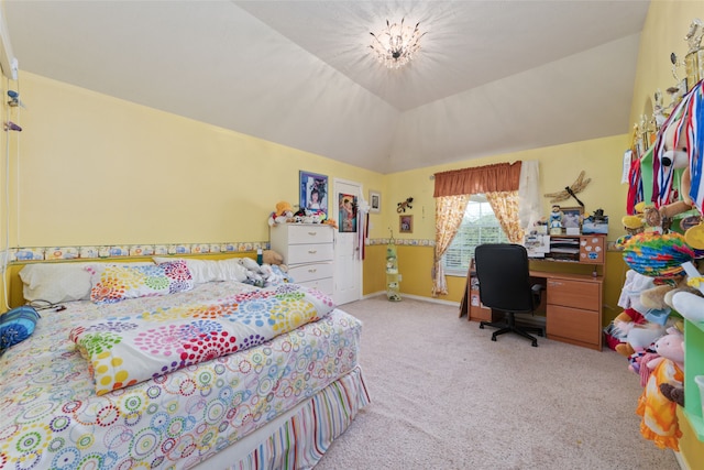 bedroom with lofted ceiling and light carpet