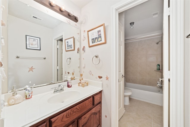 full bathroom featuring vanity, toilet, tile patterned floors, and tiled shower / bath