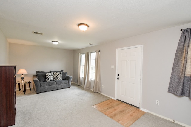 living room featuring carpet floors and a textured ceiling