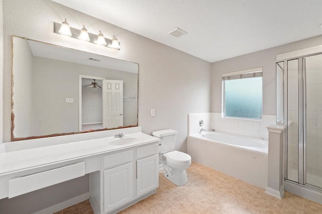 full bathroom with plus walk in shower, ceiling fan, vanity, and toilet