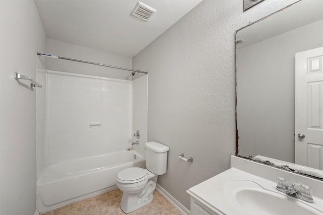 full bathroom with a textured ceiling, vanity, toilet, and  shower combination